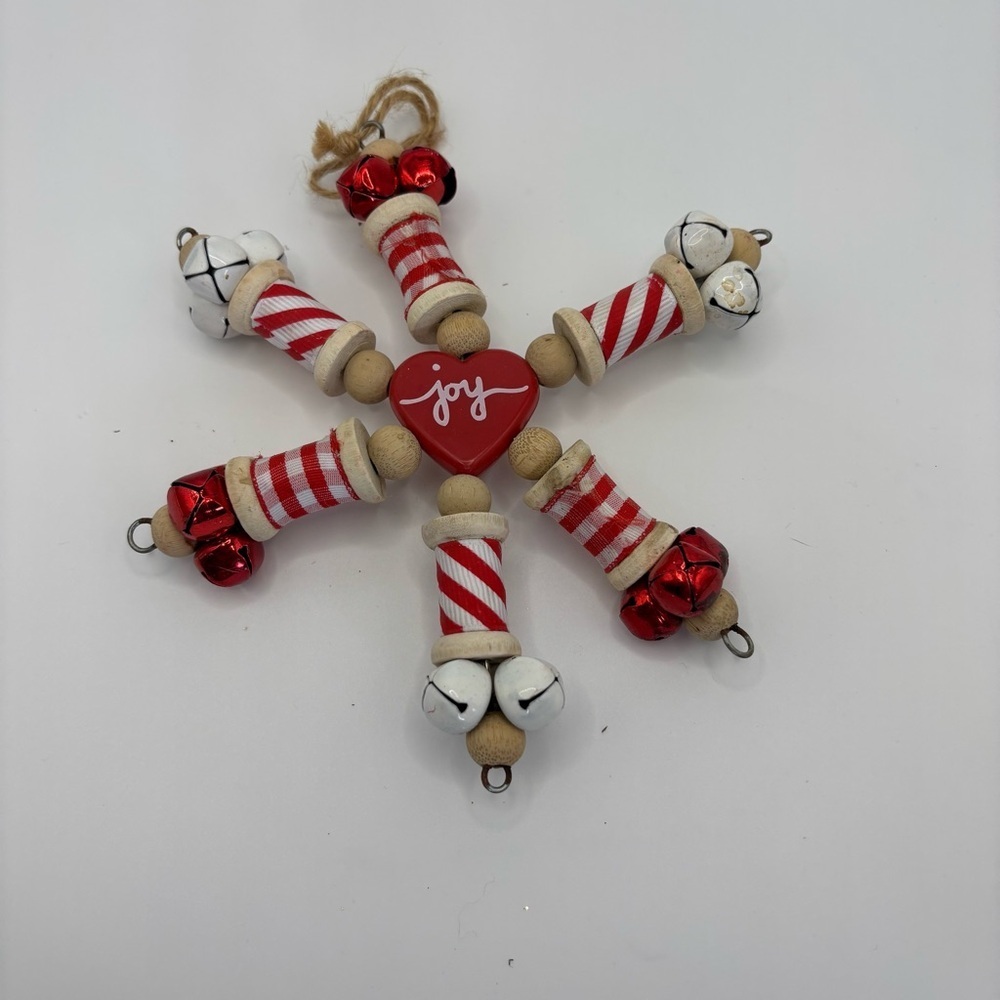 Festive Joy Farmhouse Ornament with Red and White peppermint Accents set of 2